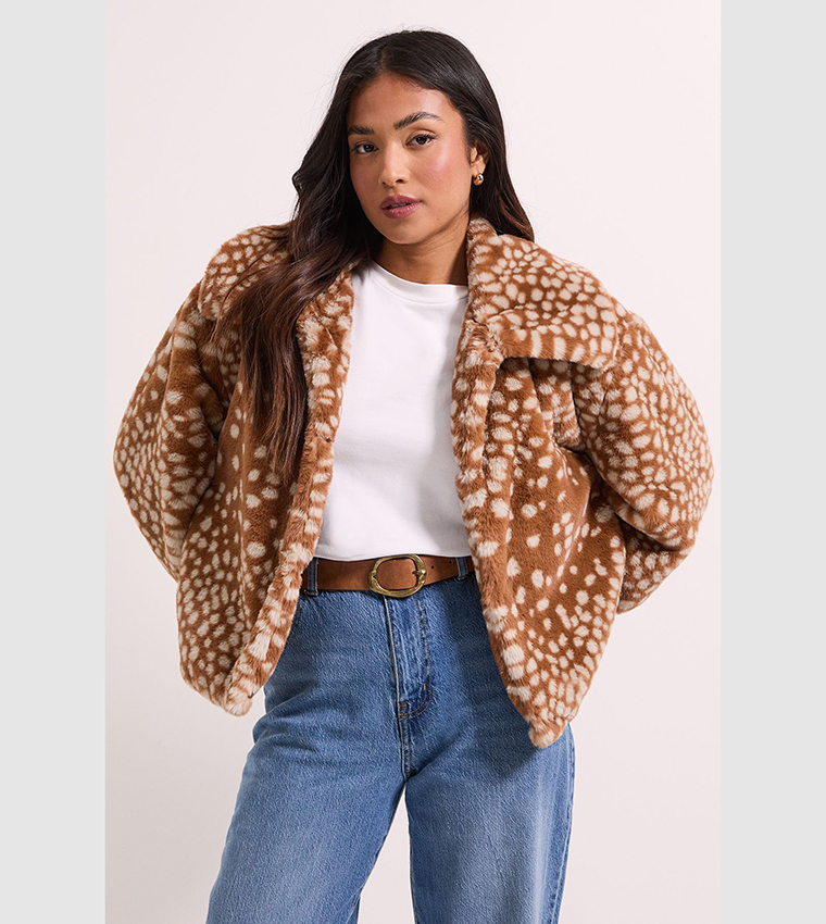 Petite Deer Print Fur Coat
