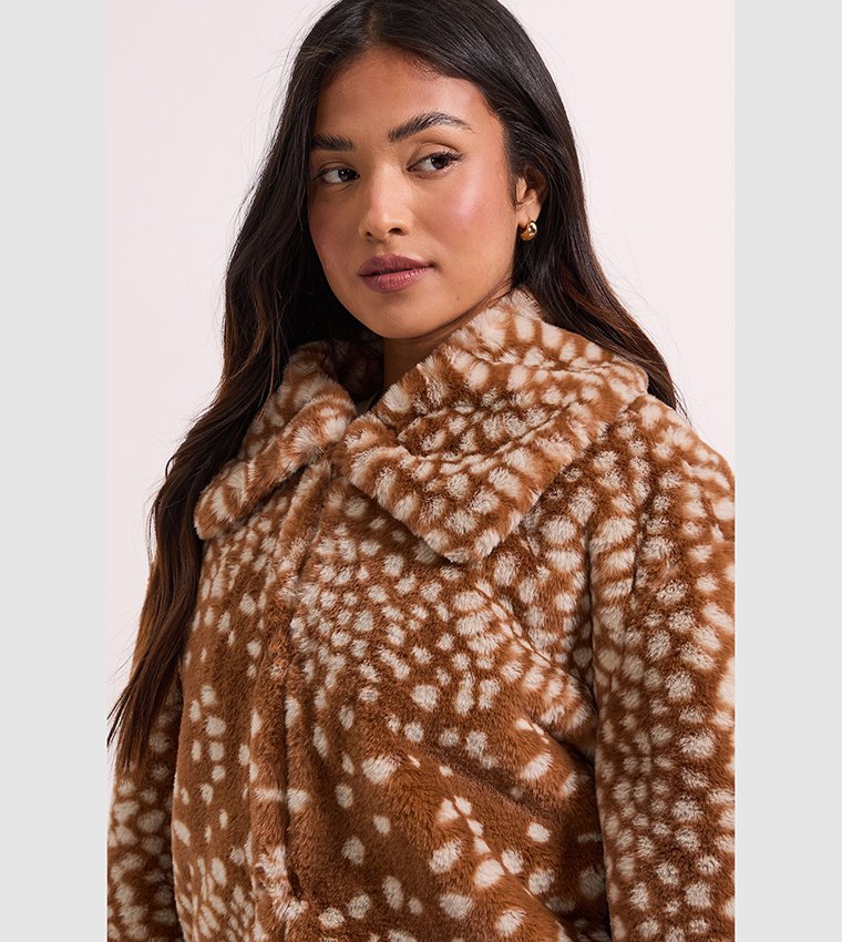 Petite Deer Print Fur Coat