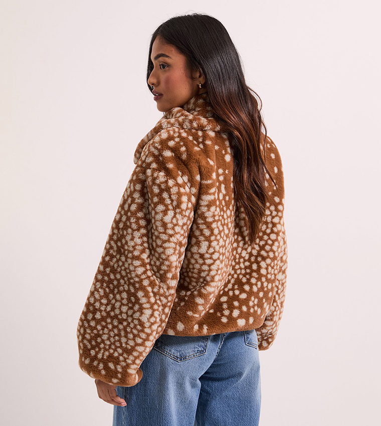 Petite Deer Print Fur Coat