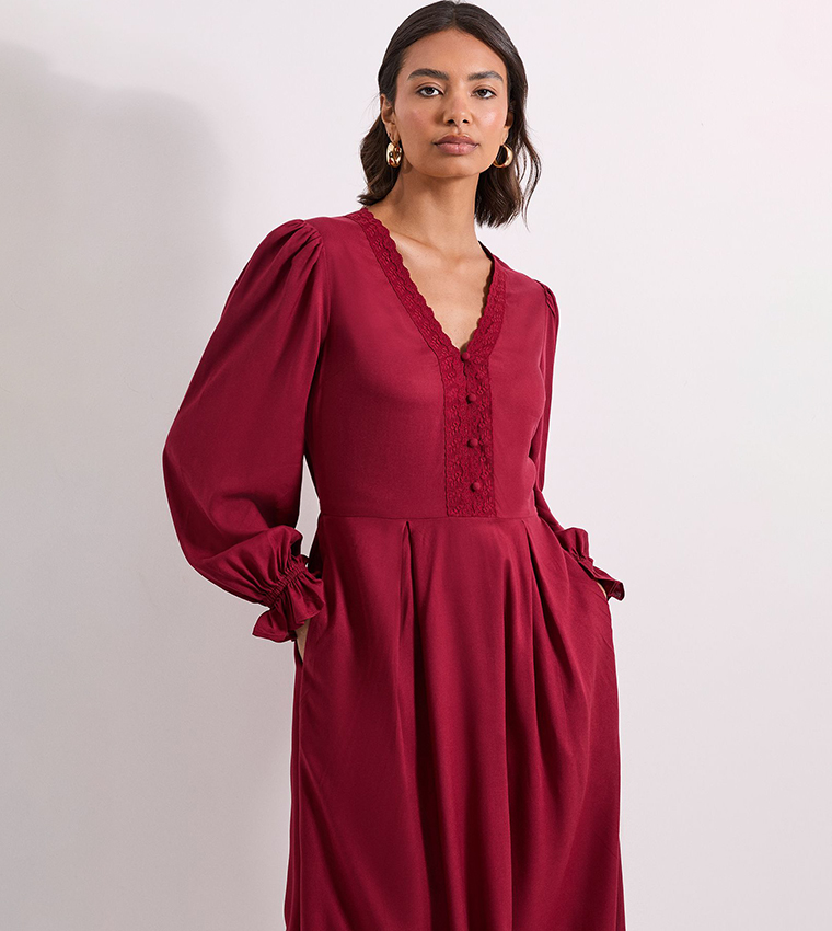 Lace Trim Blouson Sleeves Midi Dress