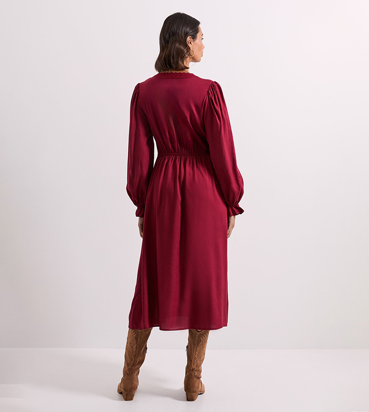 Lace Trim Blouson Sleeves Midi Dress