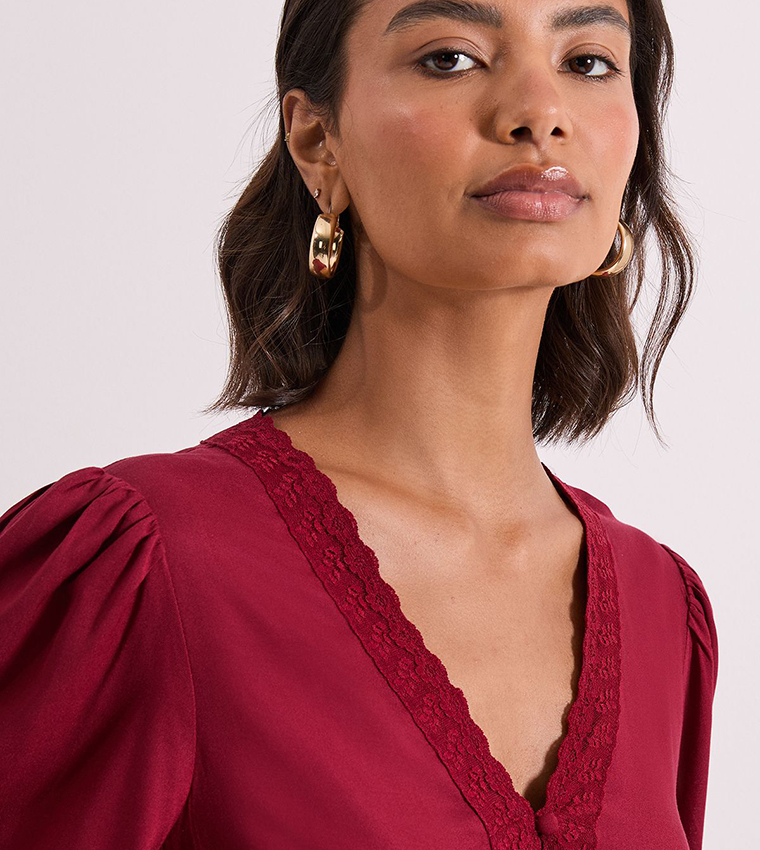Lace Trim Blouson Sleeves Midi Dress