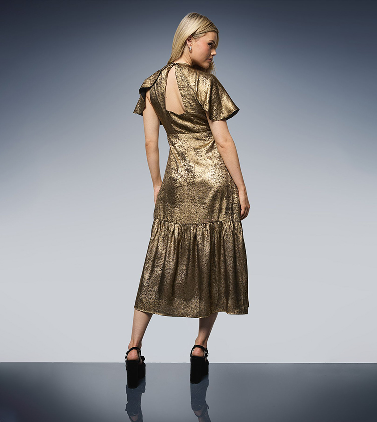 Dp Luxe Metallic Flared Sleeves Satin Midaxi Dress