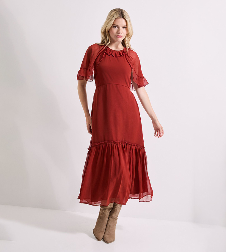 Frill Cape Sleeves Tiered Chiffon Midi Dress