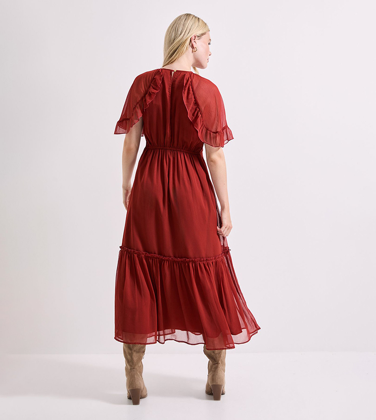 Frill Cape Sleeves Tiered Chiffon Midi Dress