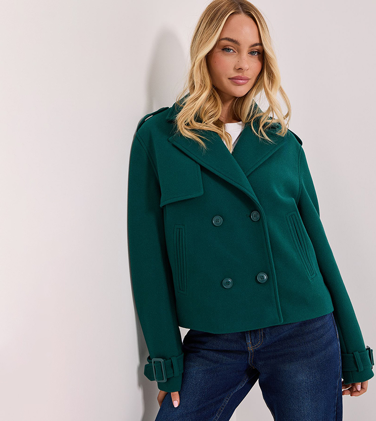 Buy Dorothy Perkins Solid Faux Wool Trench Coat In Green