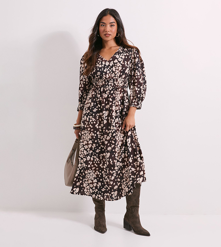 فستان ميدي مزموم بطبعة وكم بلوزون للمقاسات الصغيرة 