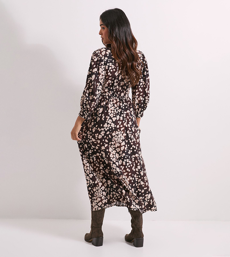 فستان ميدي مزموم بطبعة وكم بلوزون للمقاسات الصغيرة 