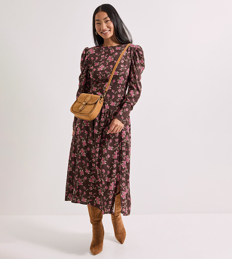 Petite Printed Dropped Waist A-Line Midi Dress