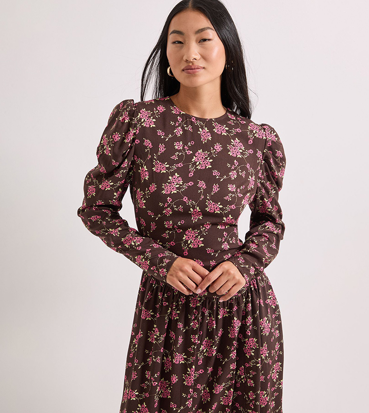 Petite Printed Dropped Waist A-Line Midi Dress