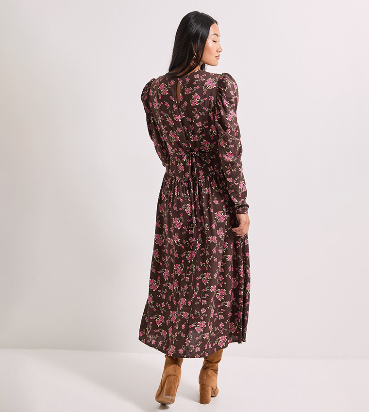 Petite Printed Dropped Waist A-Line Midi Dress