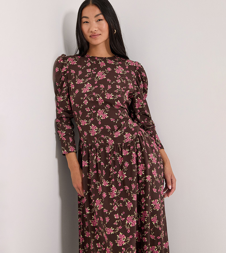 Petite Printed Dropped Waist A-Line Midi Dress