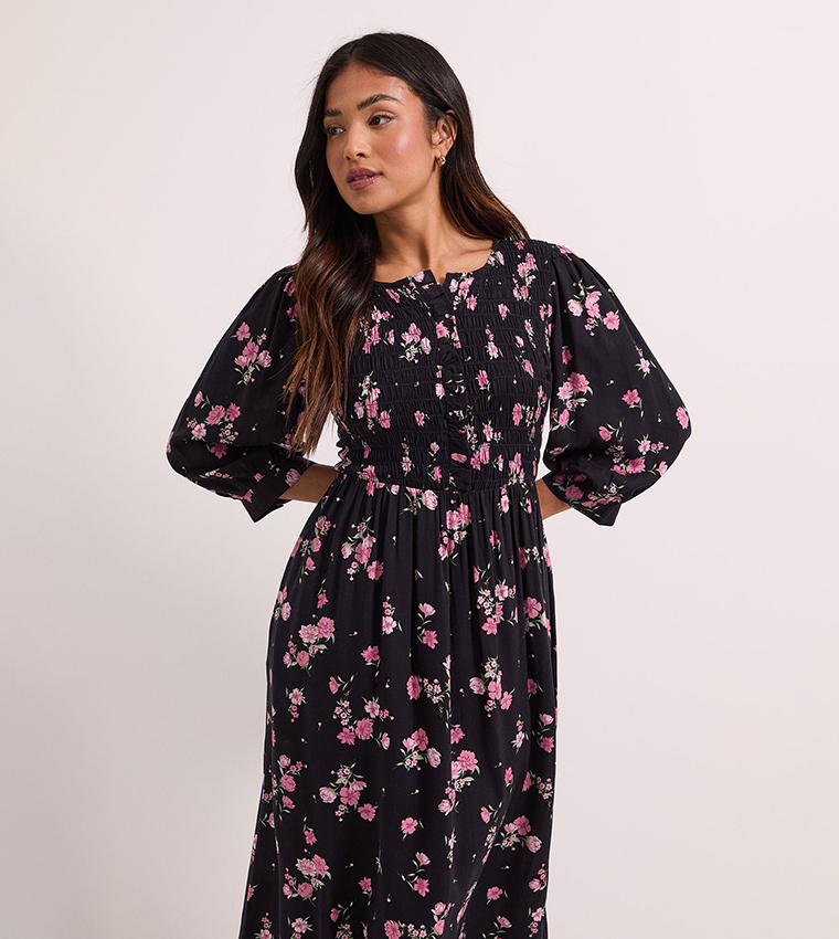 Floral Petite Shirred Bodice Button Detail Midi Dress