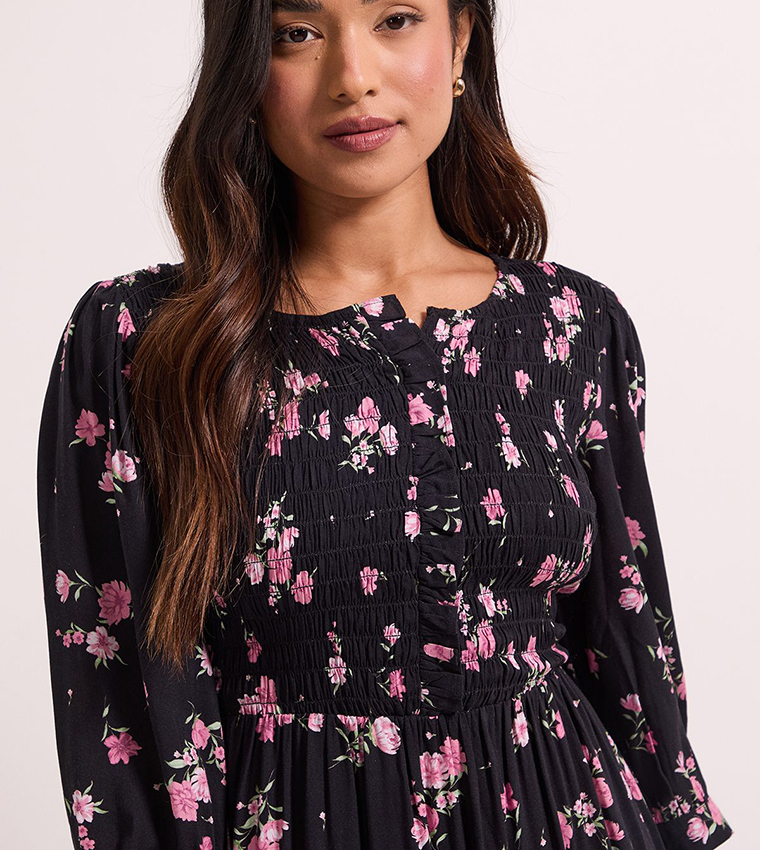Floral Petite Shirred Bodice Button Detail Midi Dress