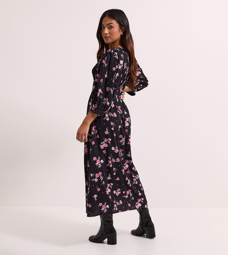 Floral Petite Shirred Bodice Button Detail Midi Dress