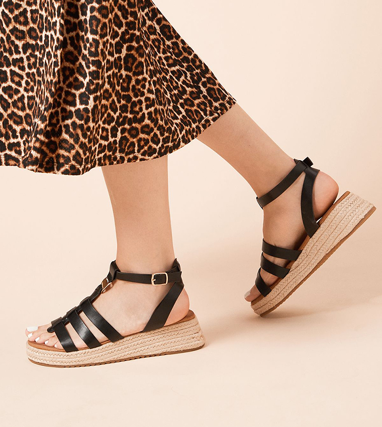 Rover Faux Leather T-Bar Espadrille Wedge Sandals