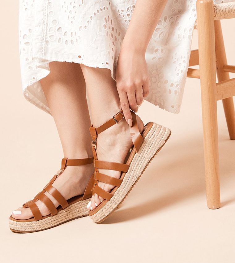 Rover Faux Leather T-Bar Espadrille Wedge Sandals