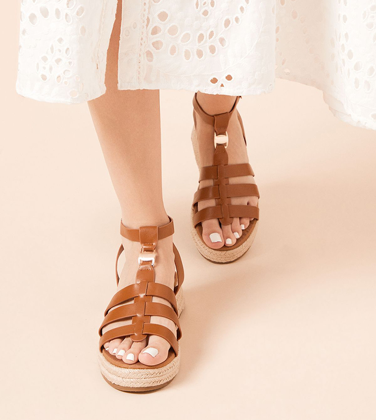 Rover Faux Leather T-Bar Espadrille Wedge Sandals