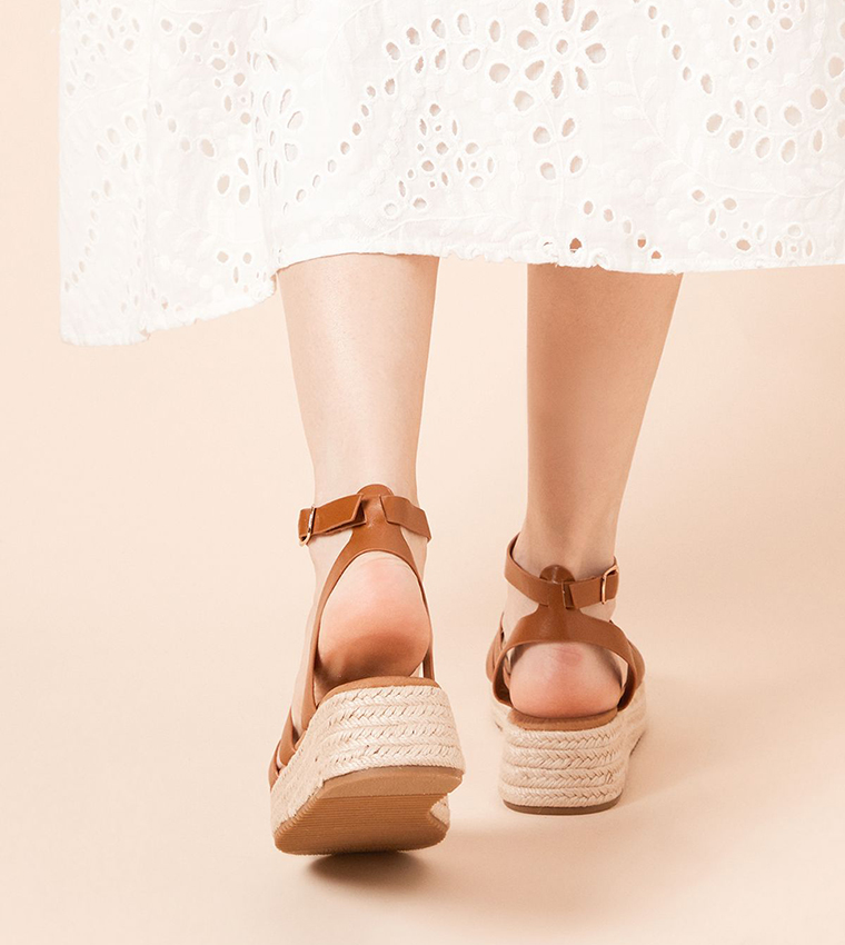 Rover Faux Leather T-Bar Espadrille Wedge Sandals