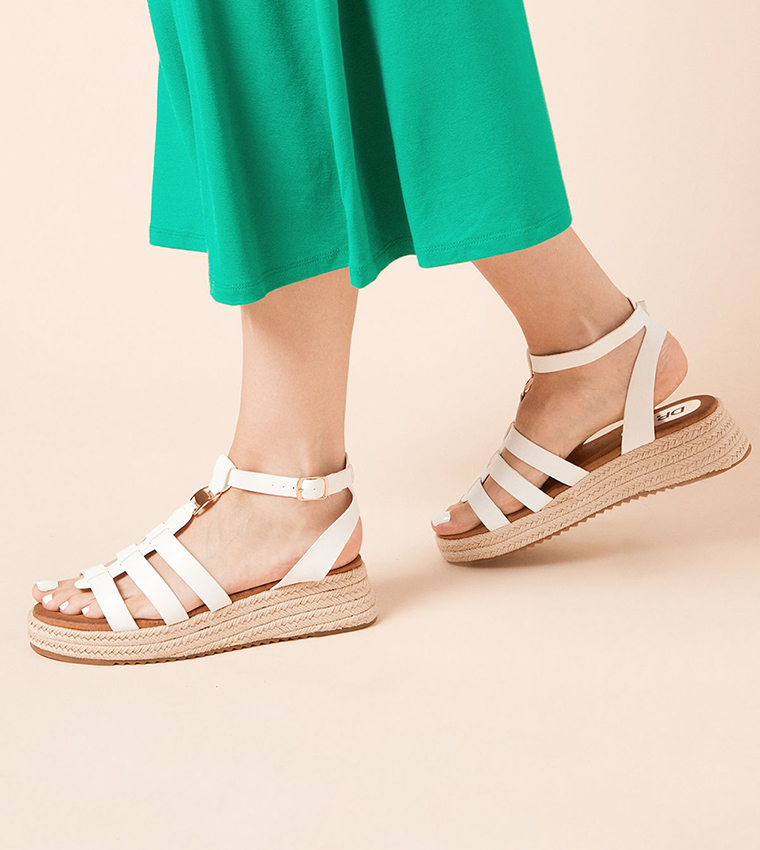 Rover Faux Leather T-Bar Espadrille Wedge Sandals