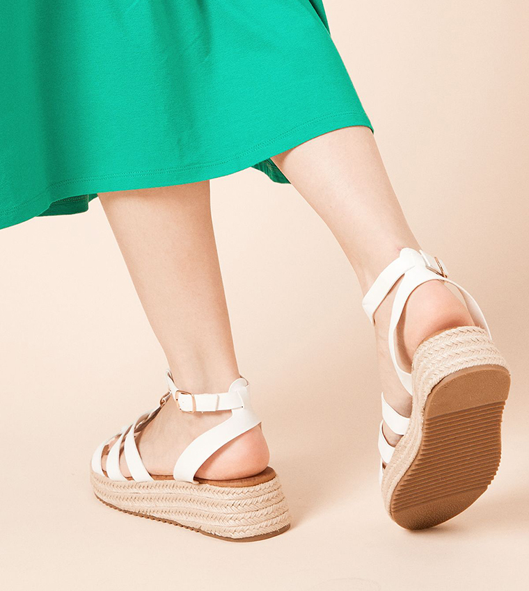 Rover Faux Leather T-Bar Espadrille Wedge Sandals