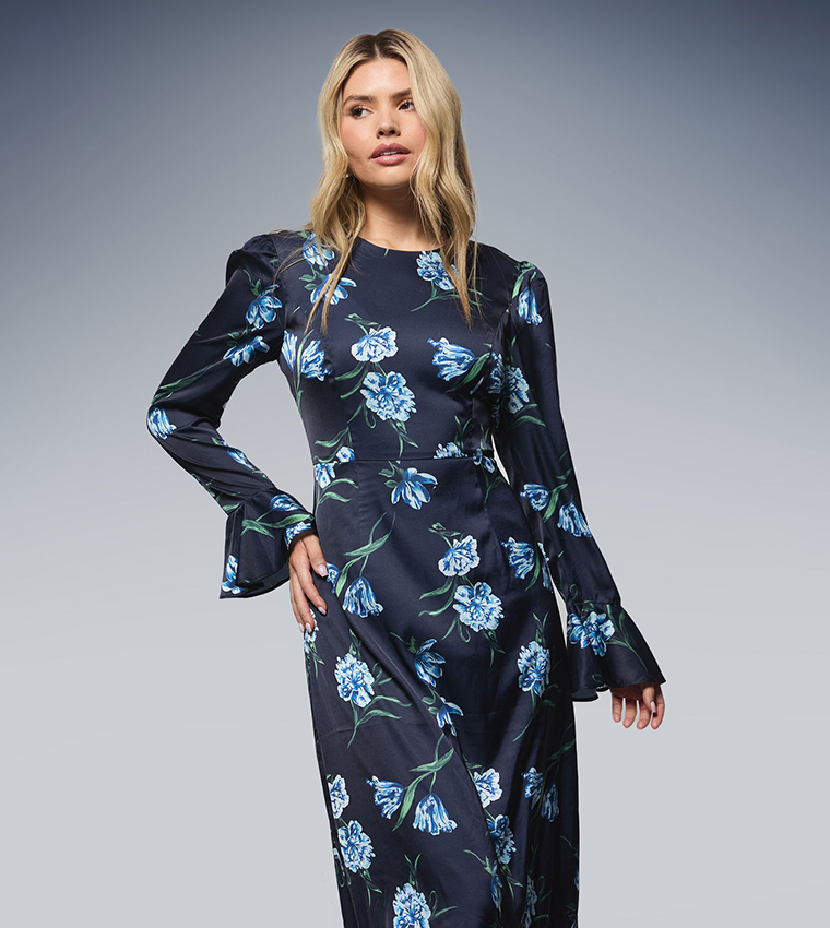 Printed Dp Luxe Satin Double Frill Hem Maxi Dress