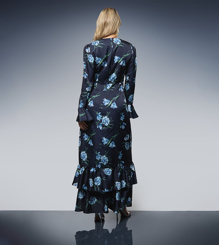 Printed Dp Luxe Satin Double Frill Hem Maxi Dress