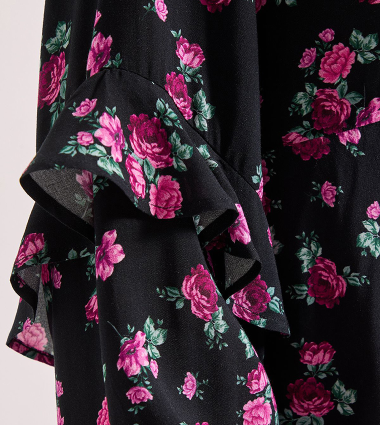 Petite Floral Printed Ruffle Long Sleeves Midi Dress