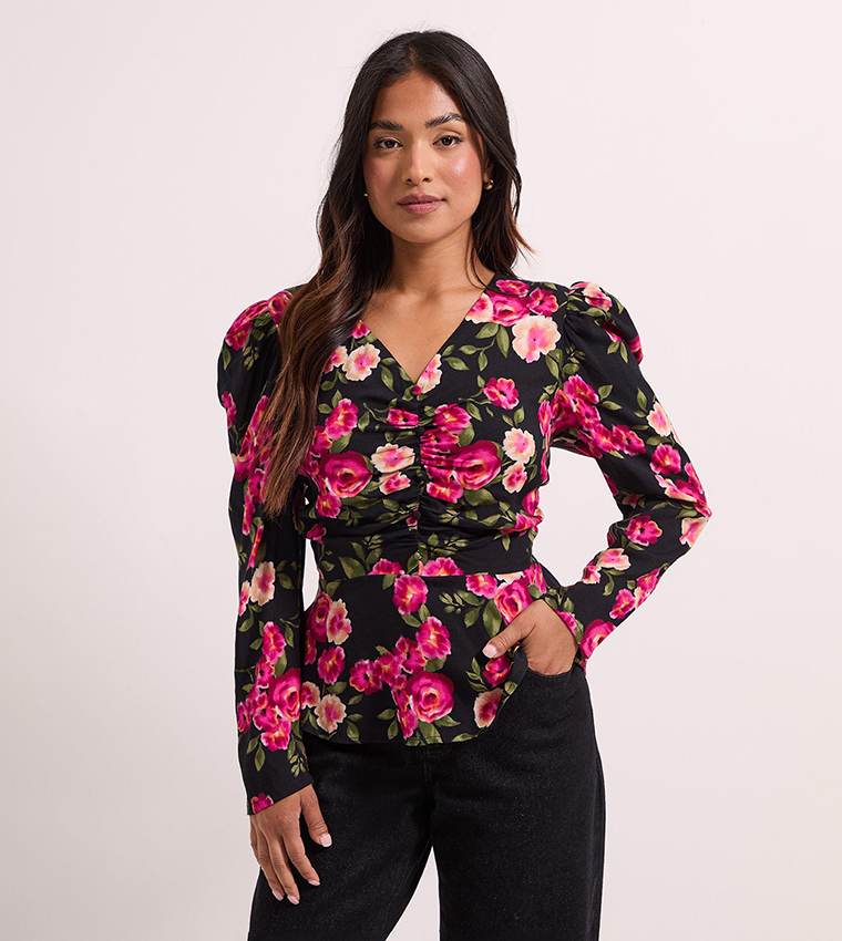 Petite Button Detail Printed Peplum Top