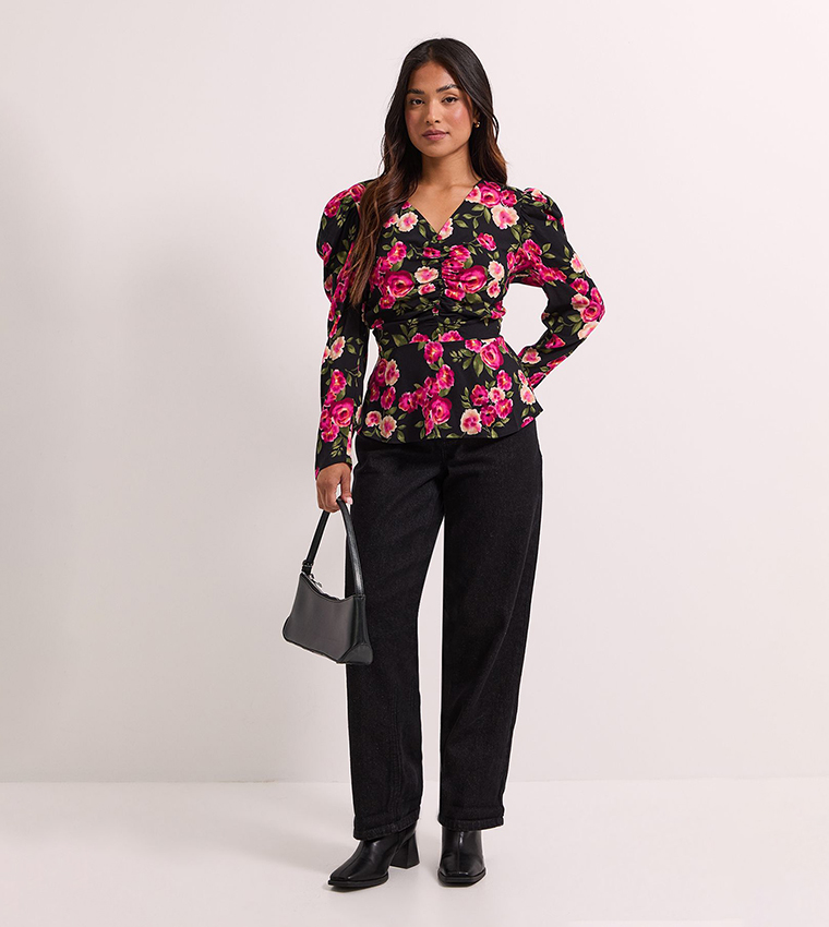 Petite Button Detail Printed Peplum Top