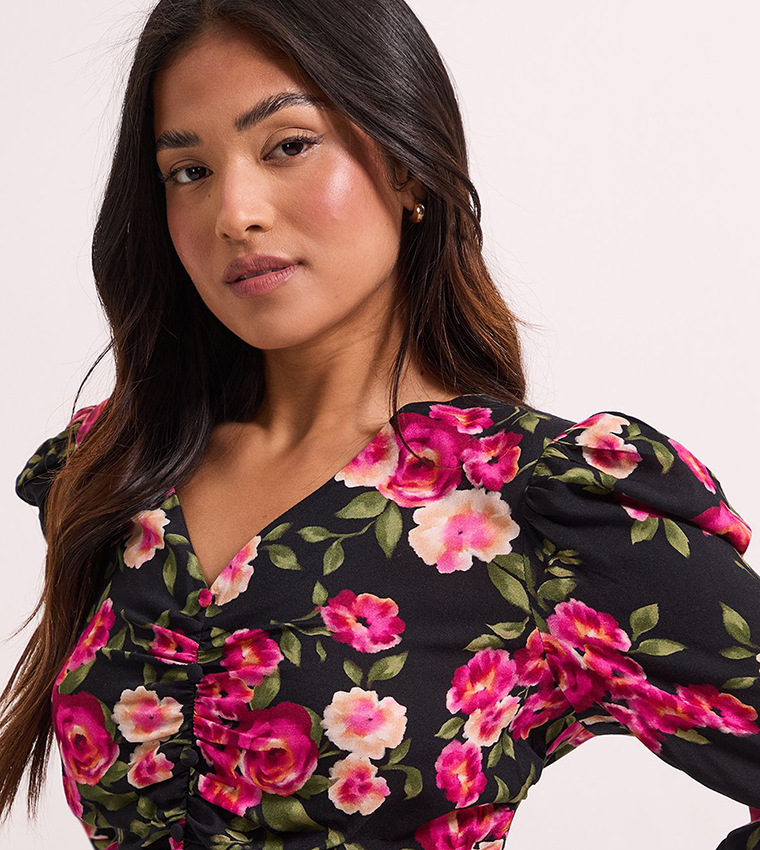 Petite Button Detail Printed Peplum Top