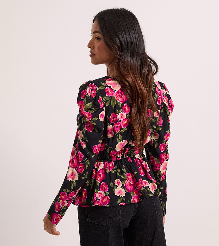 Petite Button Detail Printed Peplum Top