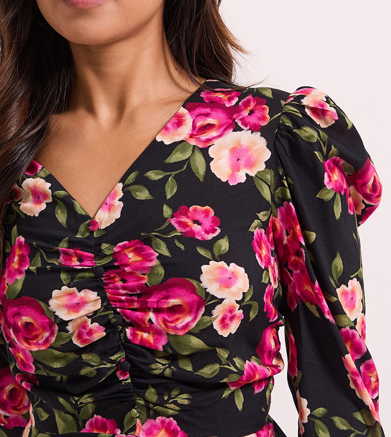 Petite Button Detail Printed Peplum Top