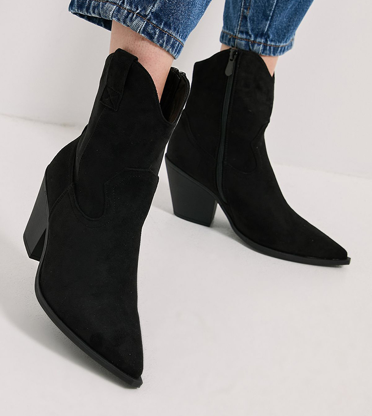 Jenny Faux Suede Detail Western Cowboy Ankle Boots