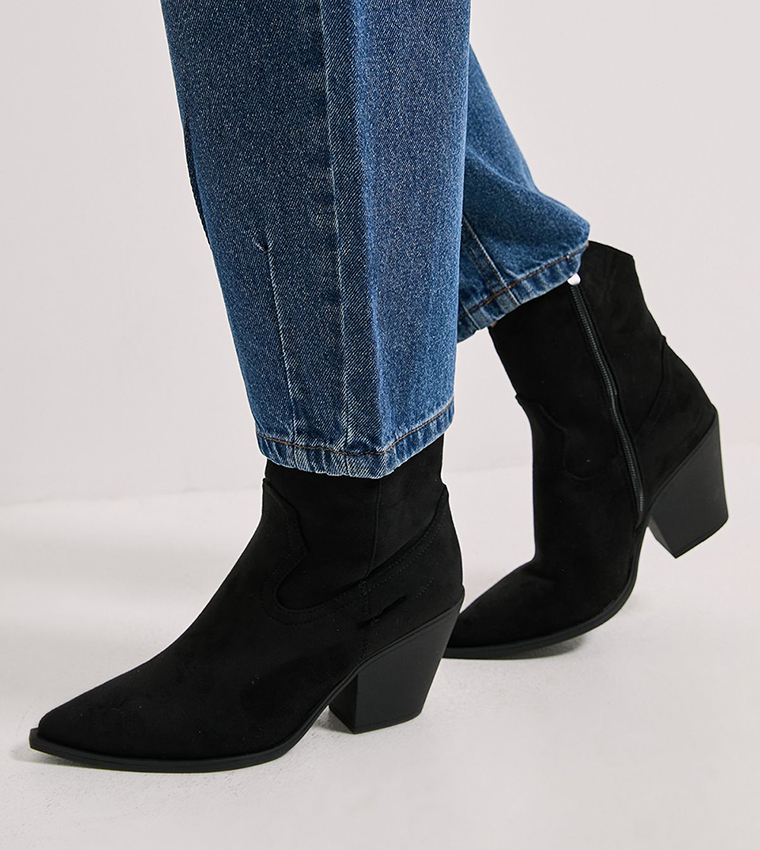 Jenny Faux Suede Detail Western Cowboy Ankle Boots