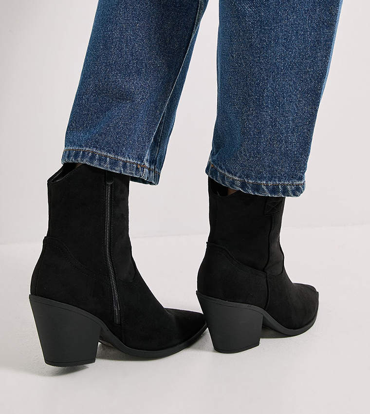 Jenny Faux Suede Detail Western Cowboy Ankle Boots