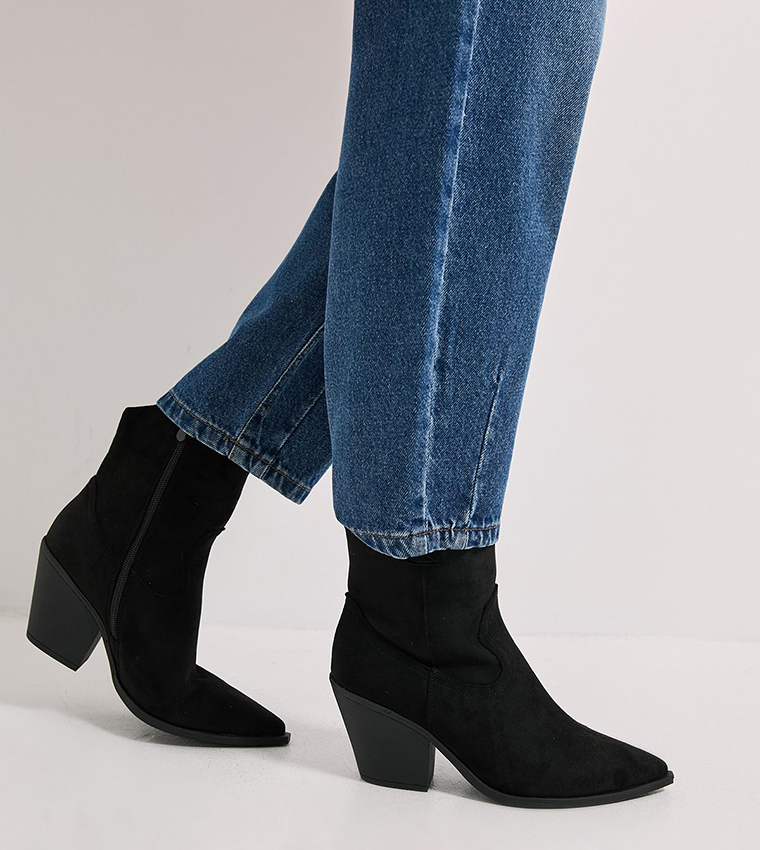 Jenny Faux Suede Detail Western Cowboy Ankle Boots