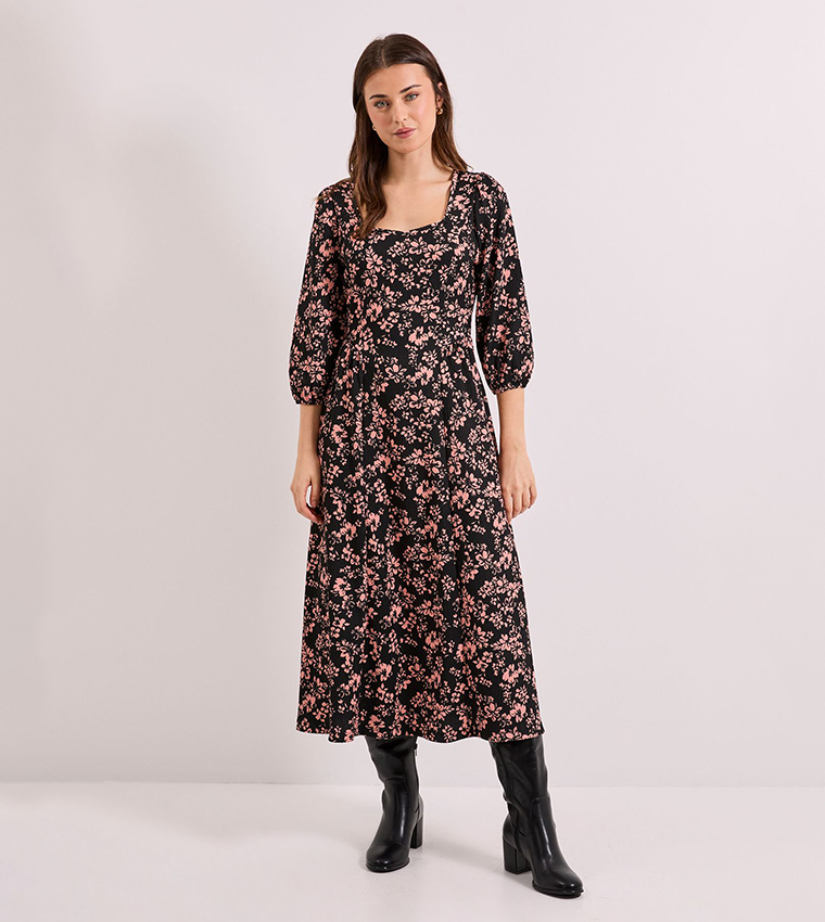 Floral Sweetheart Neck Dropped Waist Midi Dress