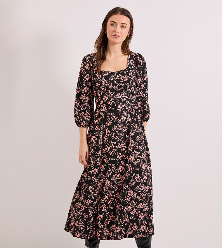 Floral Sweetheart Neck Dropped Waist Midi Dress