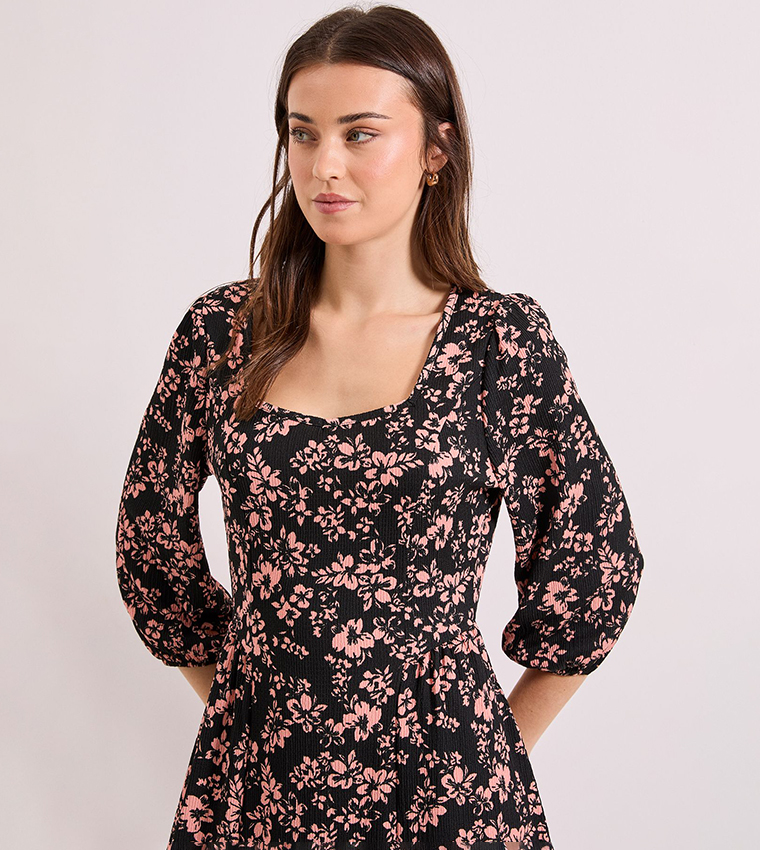 Floral Sweetheart Neck Dropped Waist Midi Dress