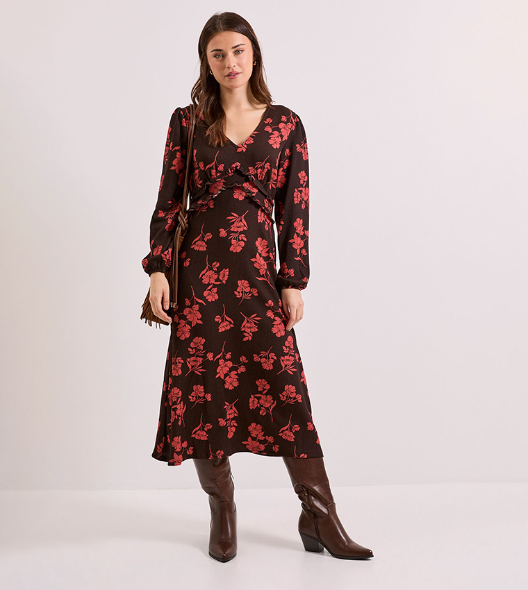 Floral V-Neck Empire Seam Balloon Sleeves Midi Dress