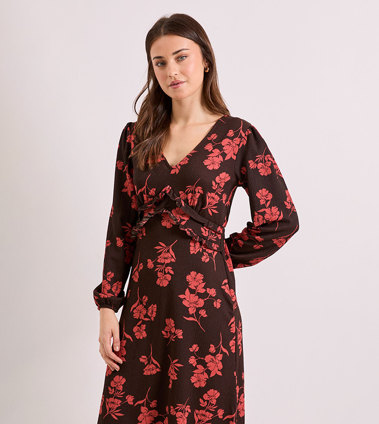 Floral V-Neck Empire Seam Balloon Sleeves Midi Dress