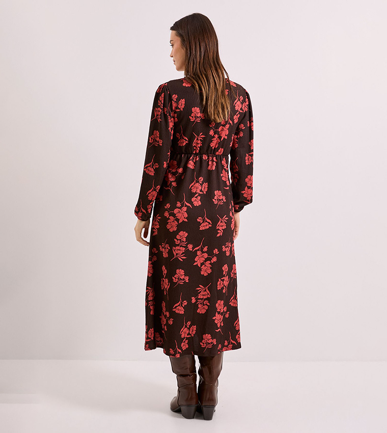 Floral V-Neck Empire Seam Balloon Sleeves Midi Dress