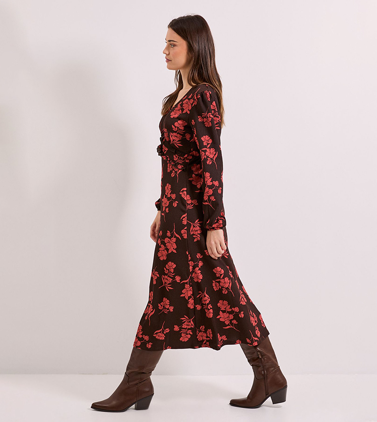 Floral V-Neck Empire Seam Balloon Sleeves Midi Dress