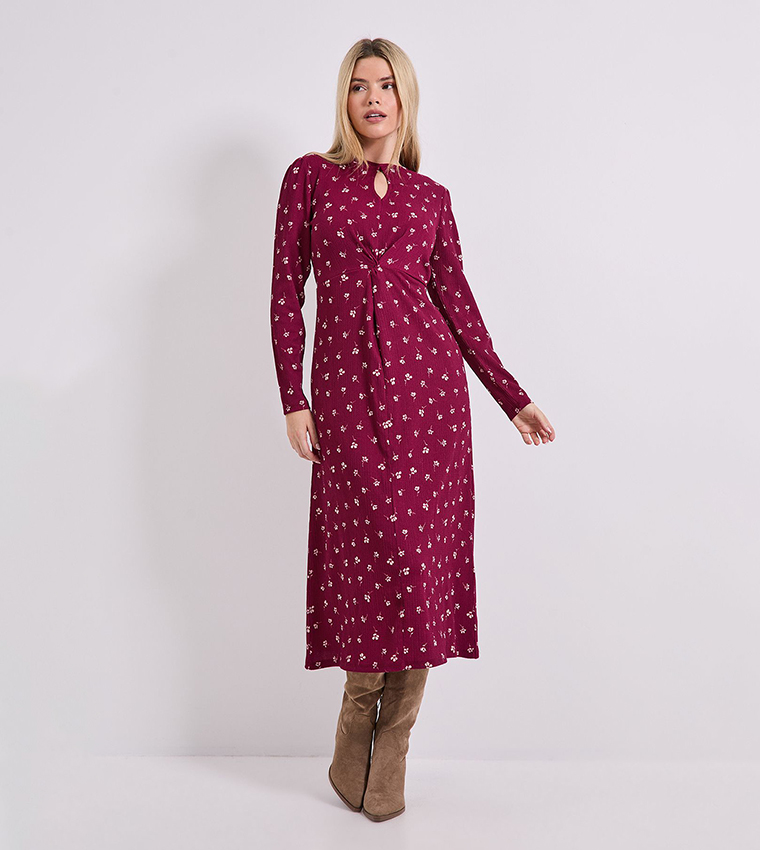 Buy Dorothy Perkins Printed Knot Waist Long Sleeves Midi Dress In Burgundy  | 6thstreet Oman