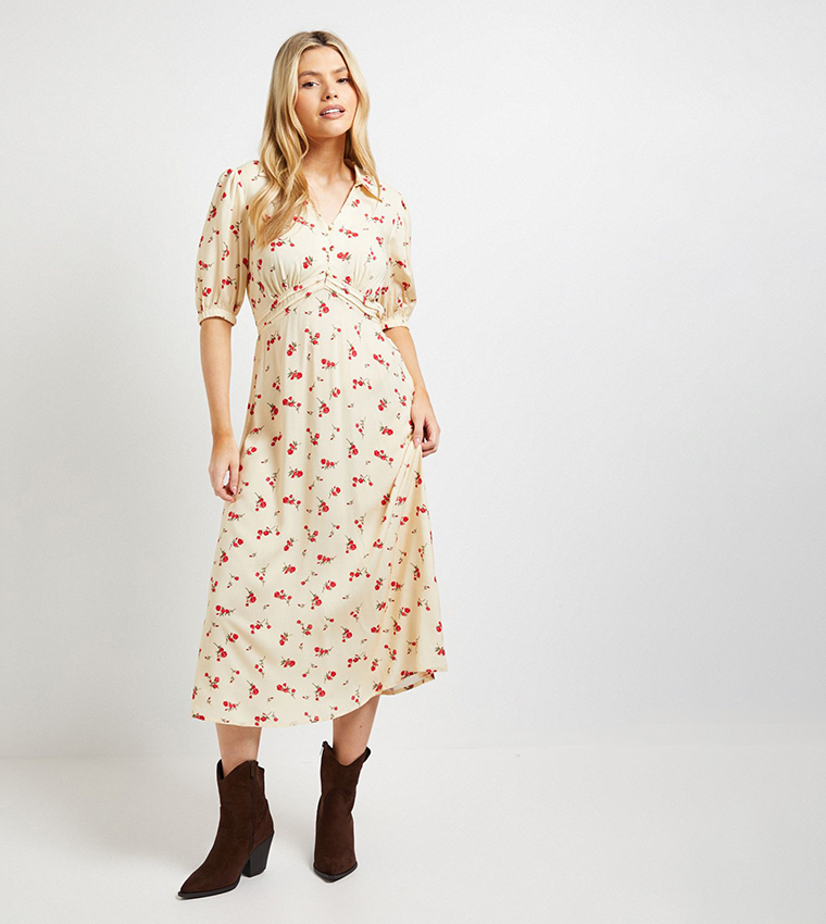 Printed Collared Button Detail Puff Sleeves Midi Dress