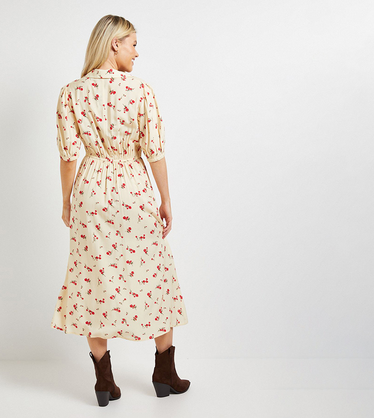 Printed Collared Button Detail Puff Sleeves Midi Dress