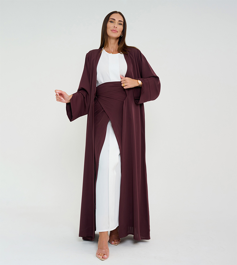 3 Piece Solid Open Abaya with White Dress and Skirt
