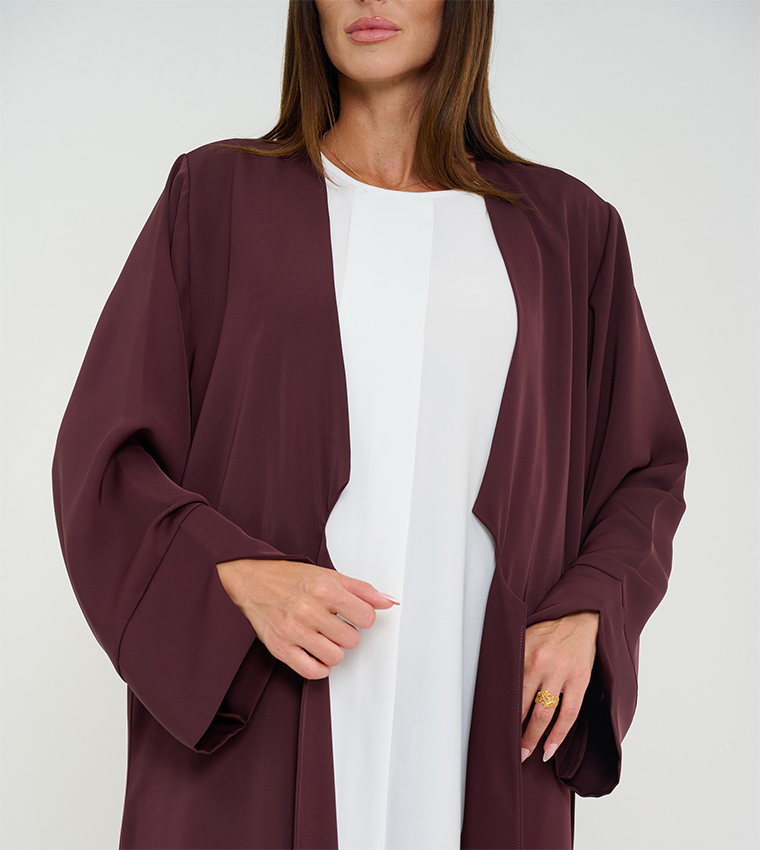 3 Piece Solid Open Abaya with White Dress and Skirt