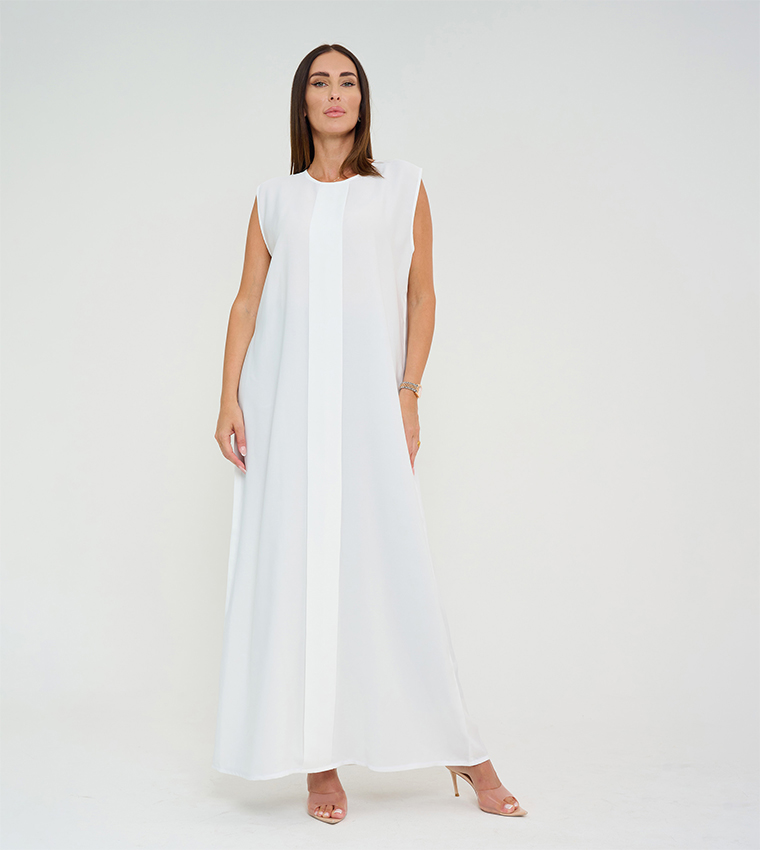 3 Piece Solid Open Abaya with White Dress and Skirt